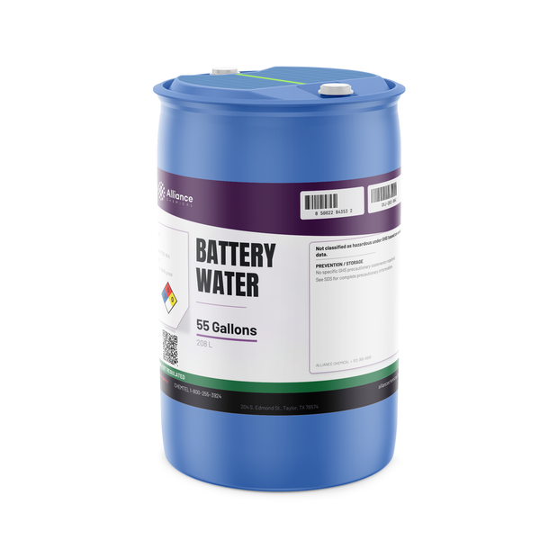 Battery Water technical grade deionized water in a 55-gallon blue plastic drum, Alliance Chemical