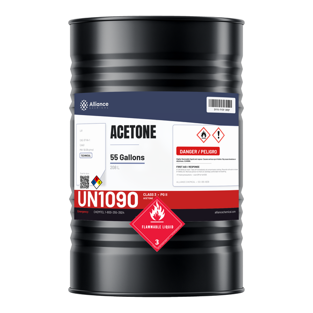 Acetone Technical Grade in a 55-gallon drum from Alliance Chemical for resin thinning and metal degreasing