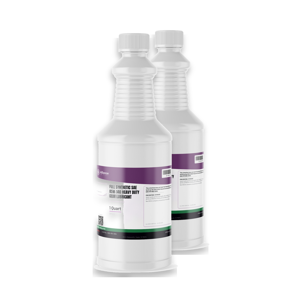 Full Synthetic SAE 85W-140 Heavy Duty Gear Lubricant in two 1-quart plastic bottles, Alliance Chemical