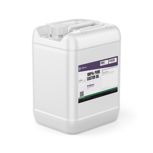 100% pure castor oil ACS reagent grade in a white 5-gallon plastic jerry can by Alliance Chemical