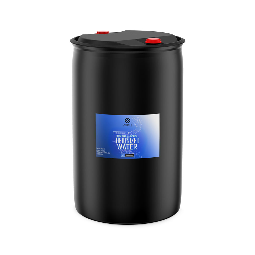 55-gallon black HDPE drum of laboratory-grade deionized water with dual red safety caps and blue manufacturer label from Alliance Chemical.