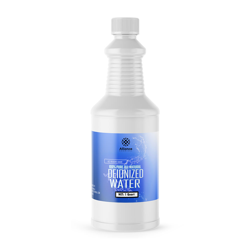 1-quart plastic bottle of pure deionized water by Alliance Chemical, featuring blue and white label design with ribbed container structure.