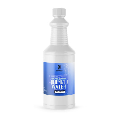 1-quart plastic bottle of pure deionized water by Alliance Chemical, featuring blue and white label design with ribbed container structure.