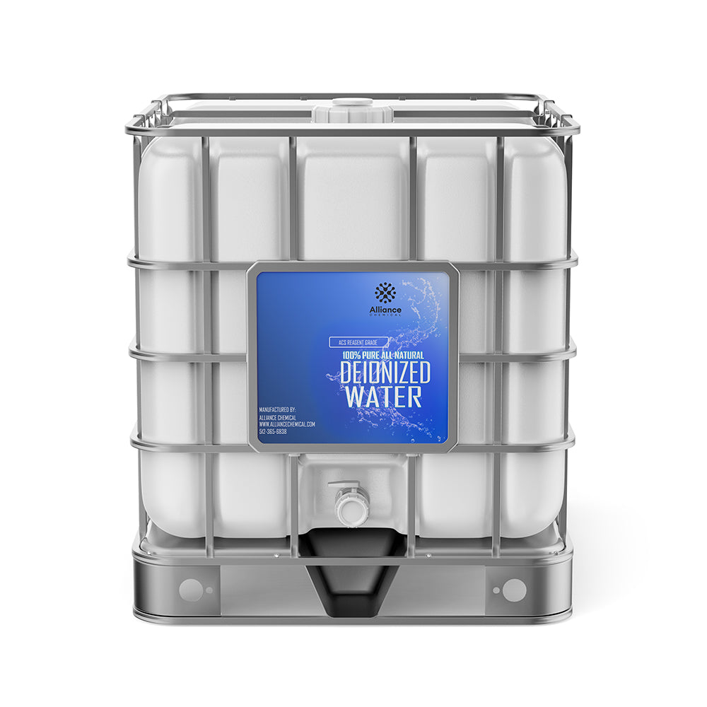 275-gallon IBC tote of high-purity deionized water in white HDPE tank with metal cage, spigot valve, and Alliance Chemical blue labeling.