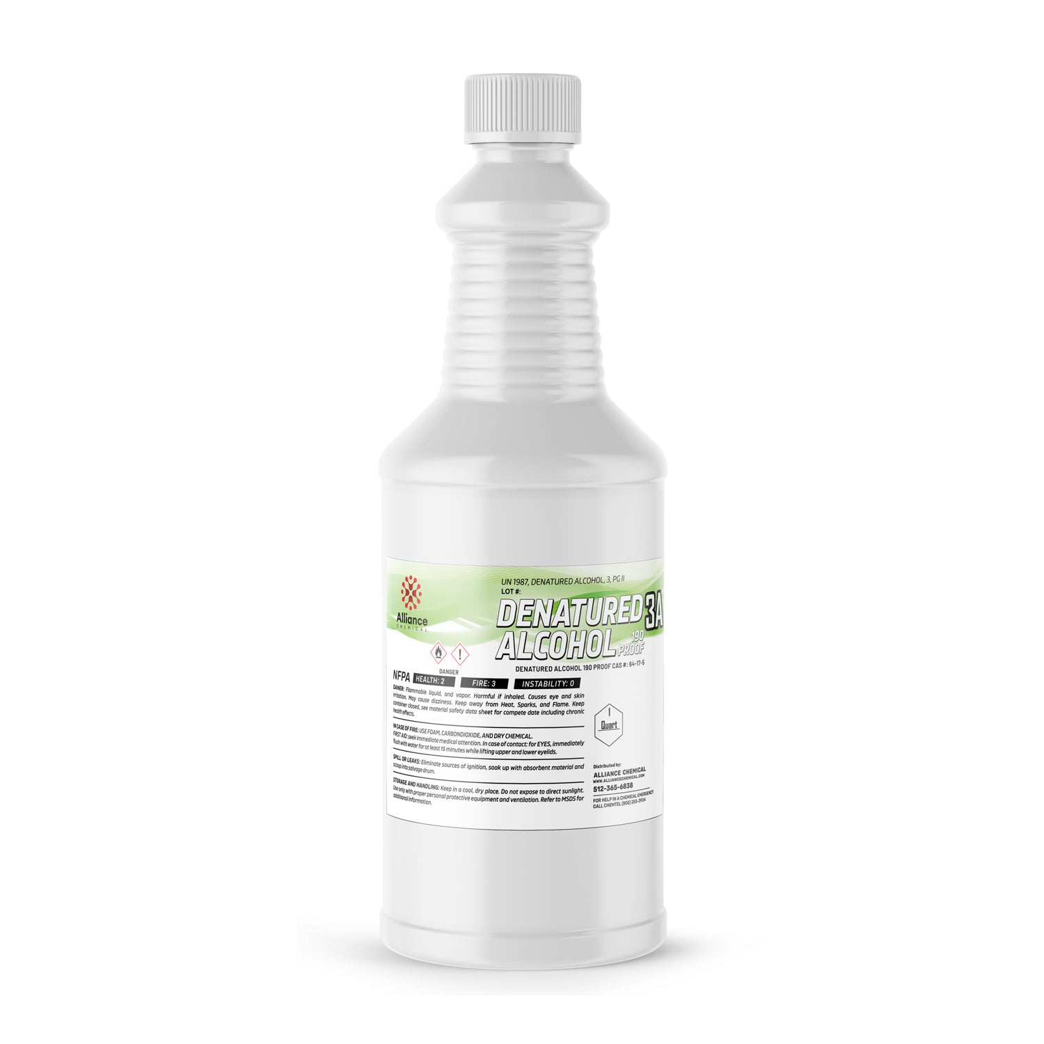 1-quart white HDPE bottle of 190-proof Denatured Alcohol 3A with NFPA diamond, flammability warnings, and ribbed safety grip design.