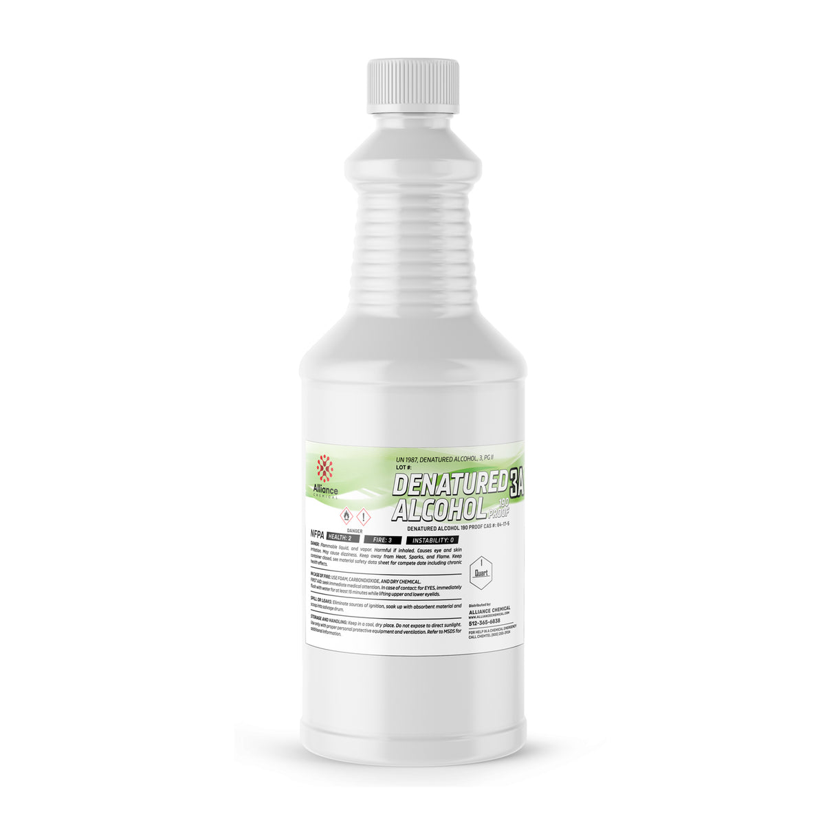 1-Quart plastic bottle of Alliance Chemical Denatured Alcohol 190 Proof 3A with white screw cap and product label.