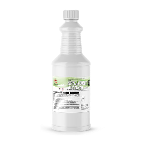 1-Quart plastic bottle of Alliance Chemical Denatured Alcohol 190 Proof 3A with white screw cap and product label.