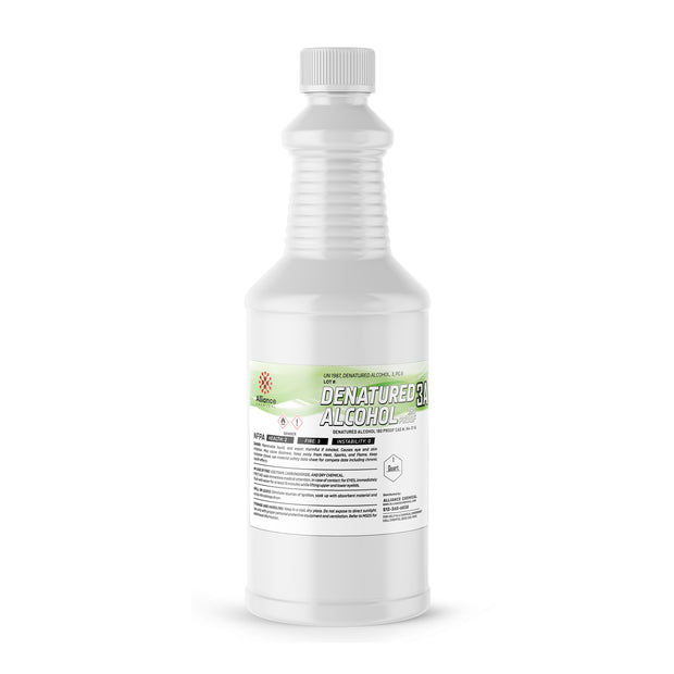 1-Quart plastic bottle of Alliance Chemical Denatured Alcohol 190 Proof 3A with white screw cap and product label.