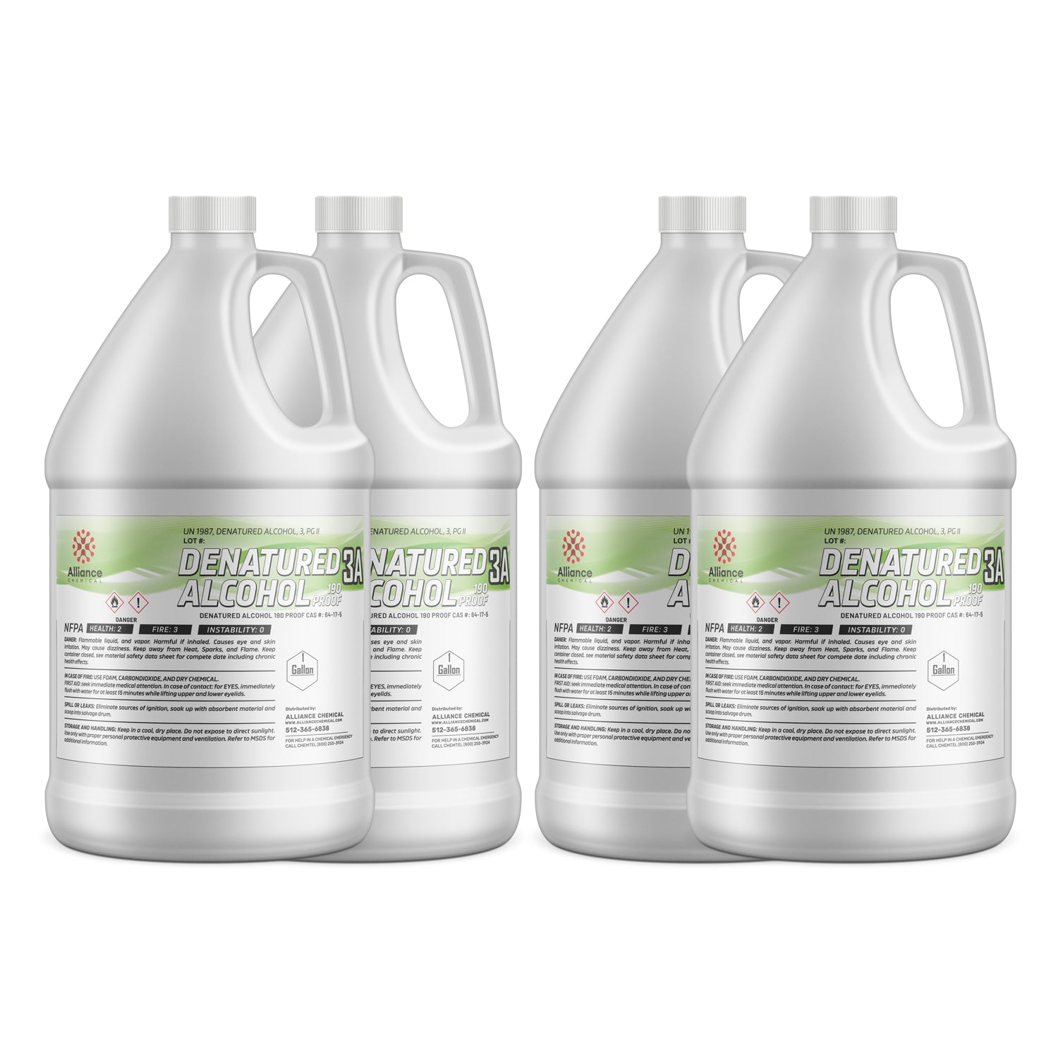 4-gallon set of Alliance Chemical 190-proof denatured alcohol 3A in HDPE jugs with NFPA diamond labels and safety warnings, green-labeled.