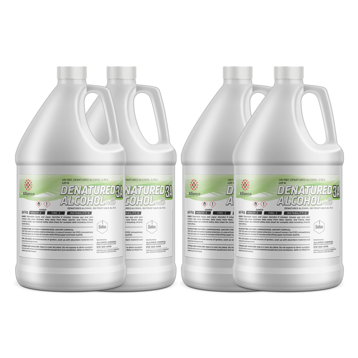 4-gallon set of Alliance Chemical 190-proof denatured alcohol 3A in HDPE jugs with NFPA diamond labels and, green-labeled