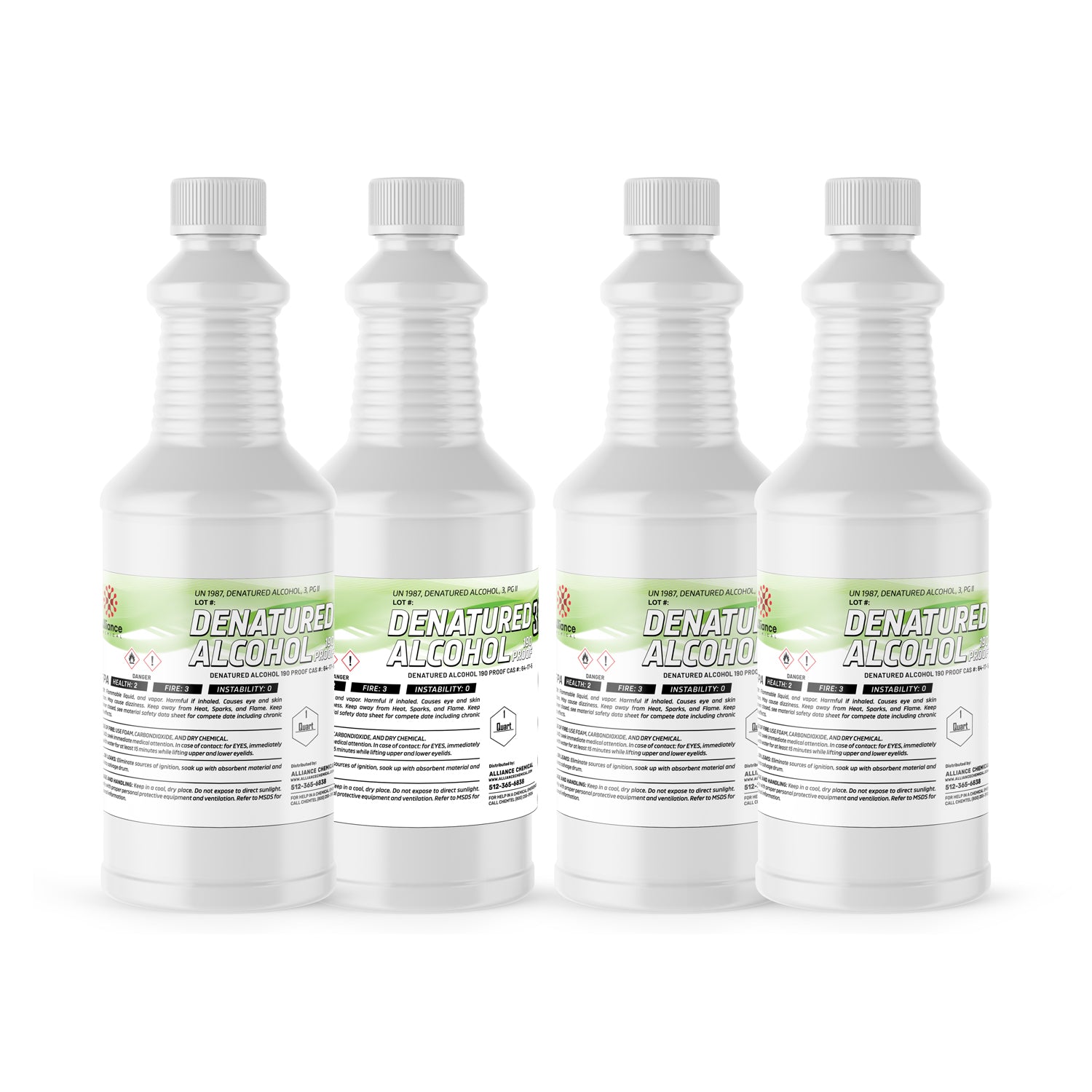 4-quart set of industrial denatured alcohol 190-proof 3A in white HDPE bottles with safety warnings, UN1987 classification, flammable symbols.