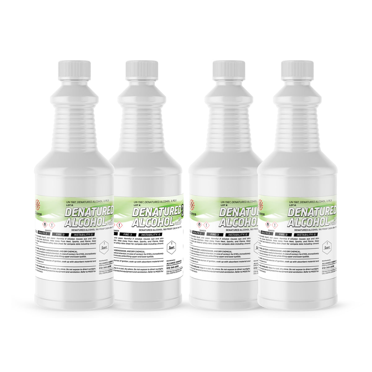 Four 1-quart bottles of Alliance Chemical Denatured Alcohol 190 Proof 3A with white caps and safety label.
