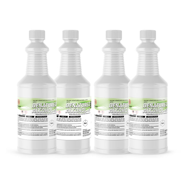 Four 1-quart bottles of Alliance Chemical Denatured Alcohol 190 Proof 3A with white caps and safety label.
