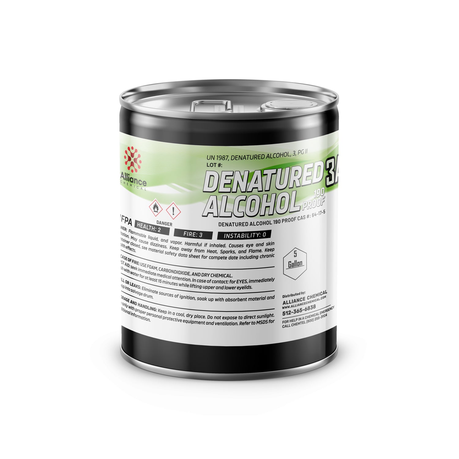 5-gallon metal drum of Denatured Alcohol 190 Proof 3A with flammability/danger symbols, Alliance Chemical brand, UN1987 classified hazardous material.