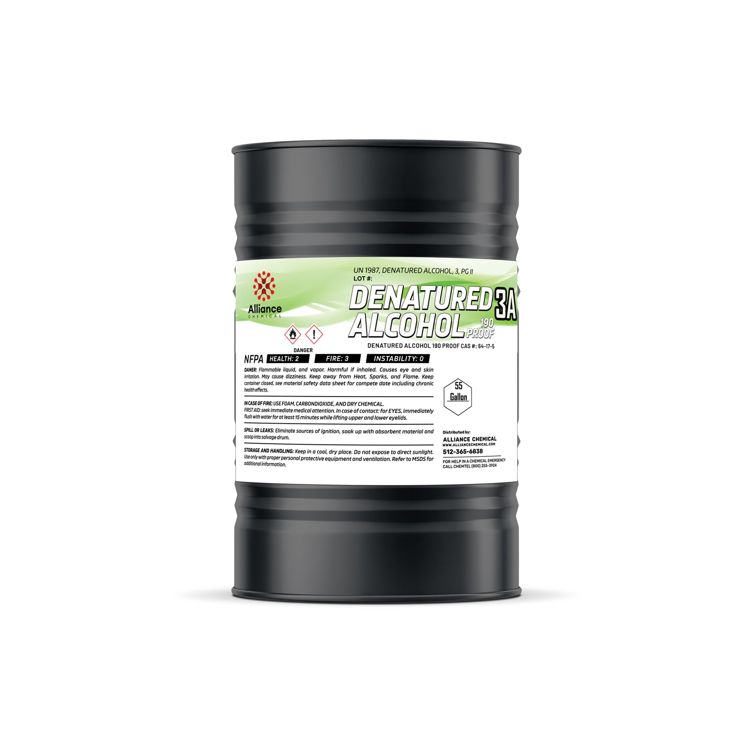 55-gallon black drum of Denatured Alcohol 190 Proof 3A with NFPA diamond, flammable warning symbols, and Alliance Chemical safety label.
