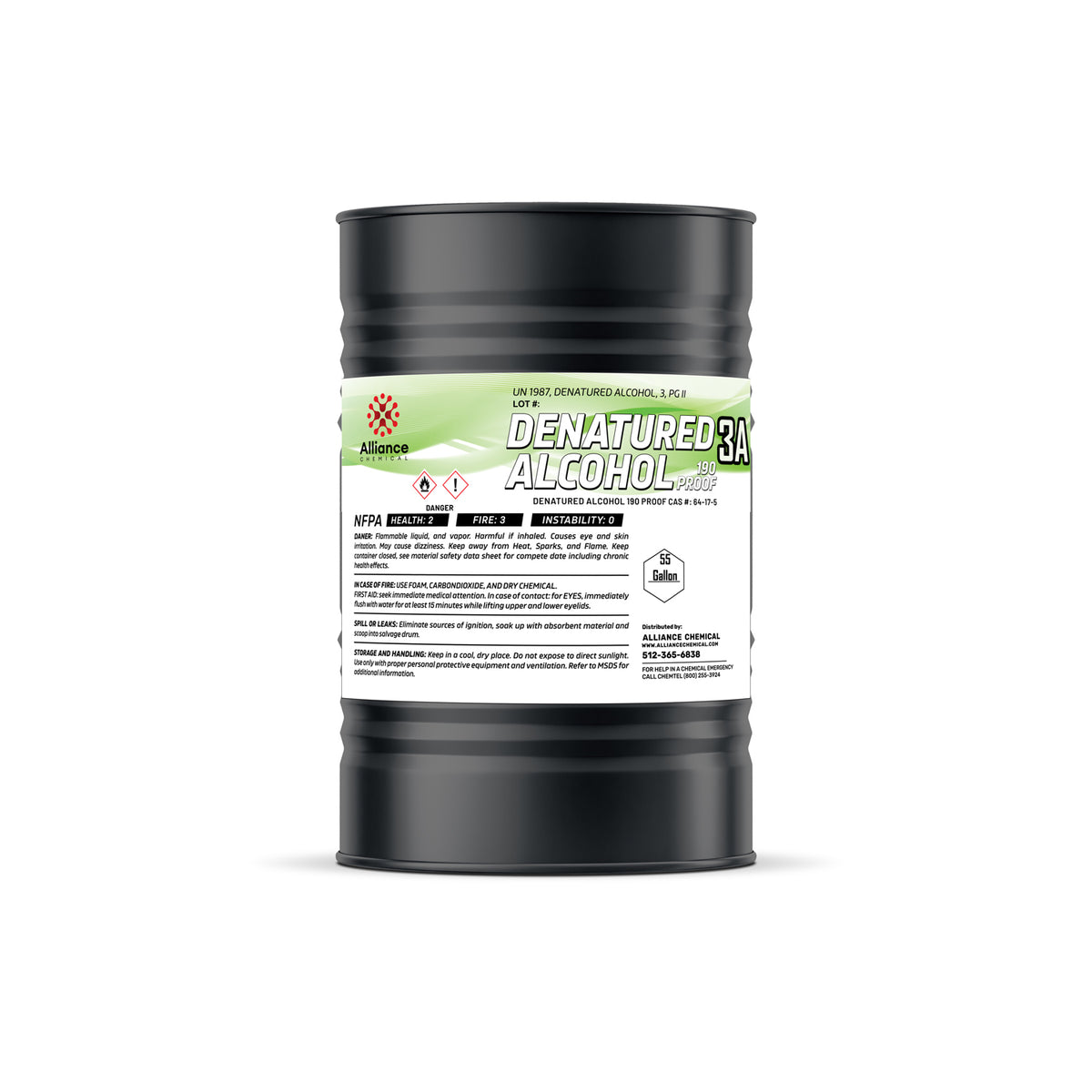 55-gallon black drum of Denatured Alcohol 190 Proof 3A with NFPA diamond, flammable warning symbols, and Alliance Chemical