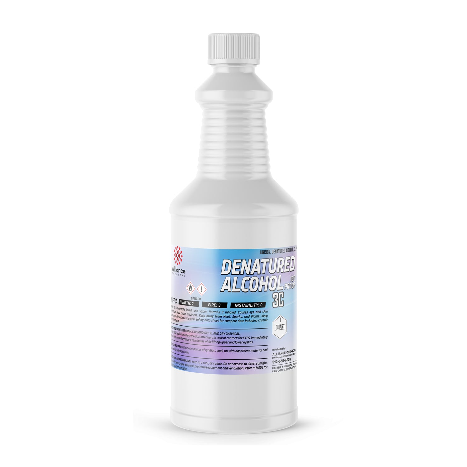 1-quart white HDPE bottle of Alliance 190-proof denatured alcohol with safety hazard ratings, flammable symbol, and ribbed grip design.