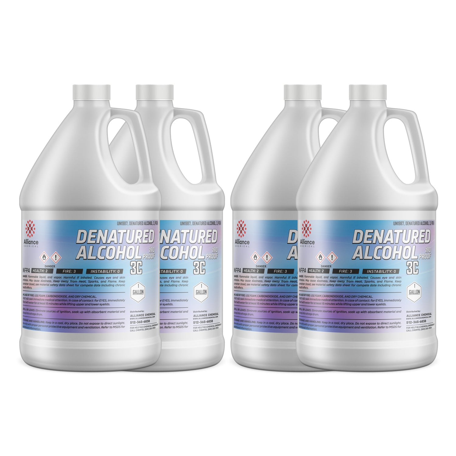 4-gallon set of Alliance Chemical 190-proof denatured alcohol 3C in white HDPE containers with flammable/health hazard warnings, industrial grade.