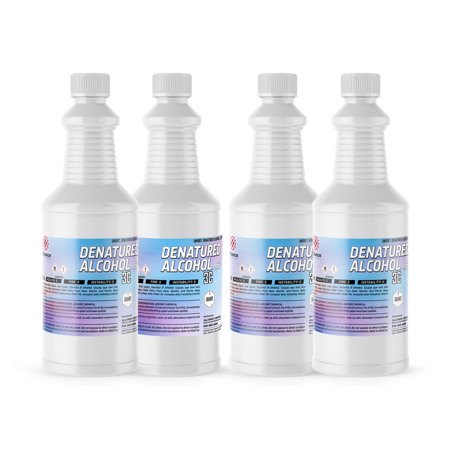 4 quart set of Denatured Alcohol 190 Proof 3C in ribbed HDPE bottles with safety caps, flammability warnings and industrial labeling.