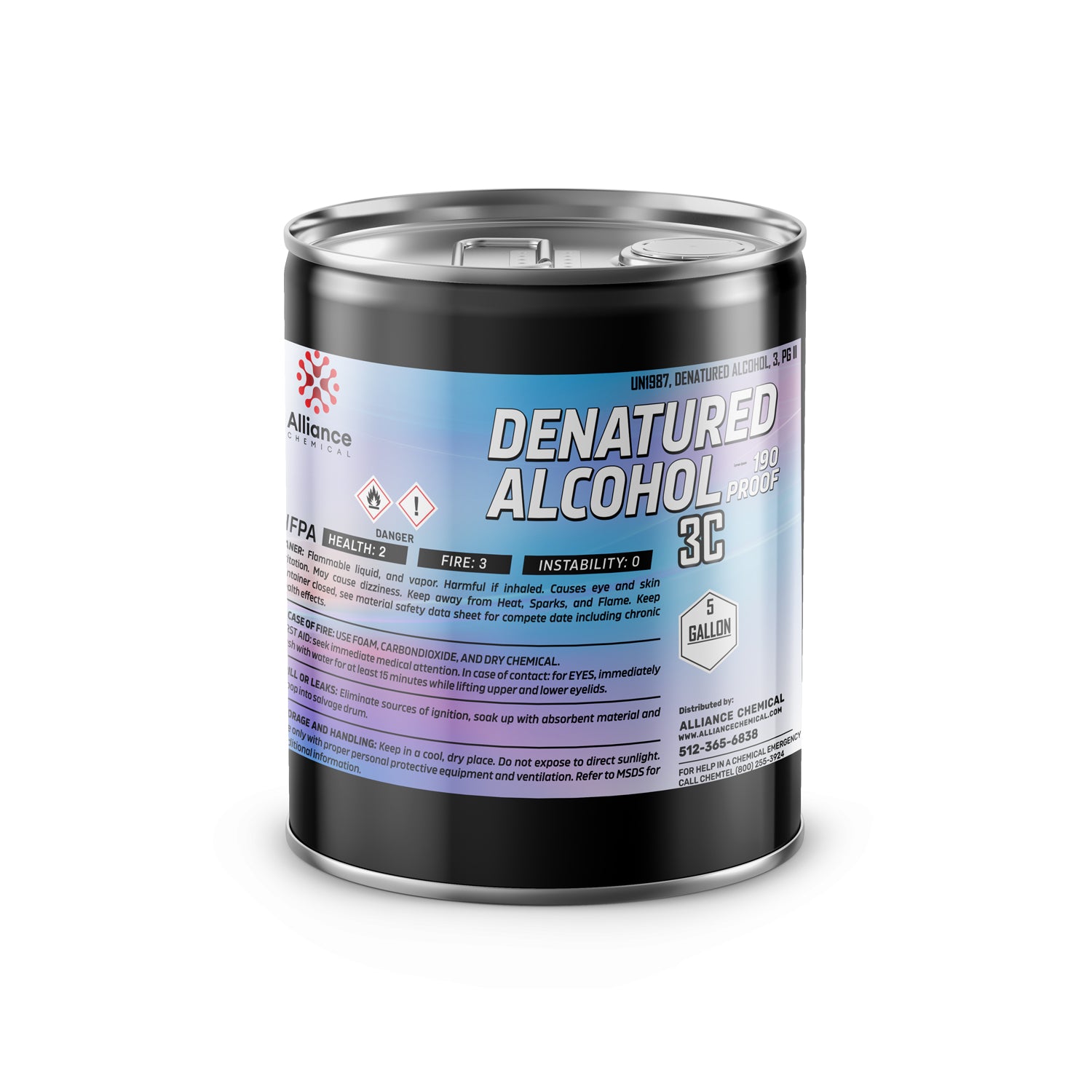 5-gallon metal drum of Alliance Chemical 190-proof denatured alcohol 3C, with NFPA diamond showing Health:2, Fire:3, black industrial container.