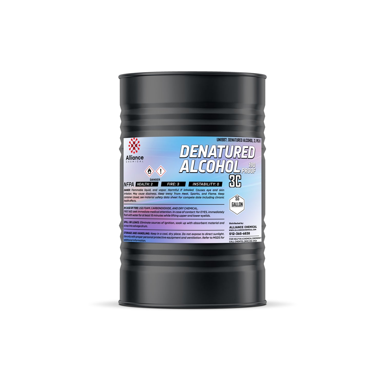 55-gallon black drum of 190-proof denatured alcohol 3C from Alliance Chemical, displaying NFPA diamond (2-3-0) and flammable liquid warnings.