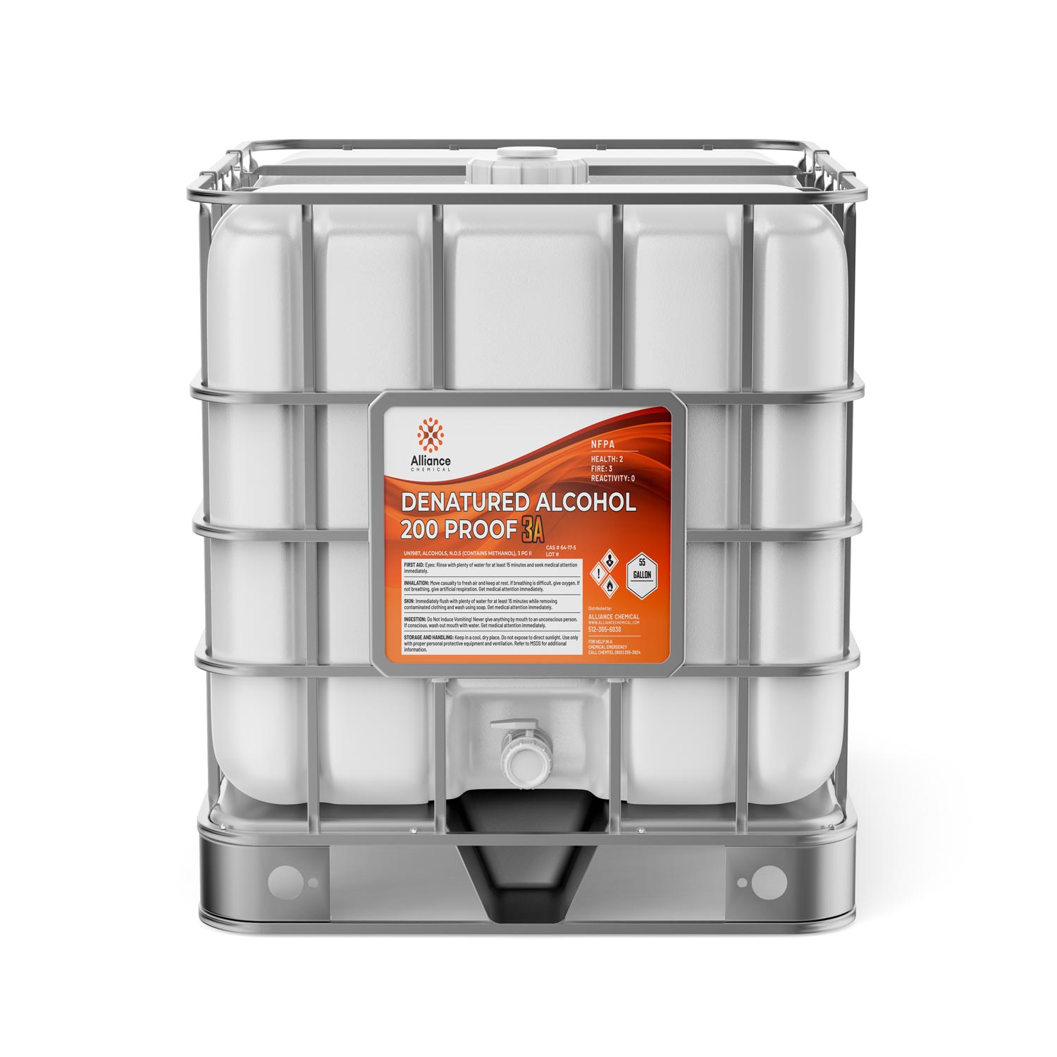 275-gallon IBC tote of Denatured Alcohol 200 Proof 3A with NFPA diamond, flammable warning symbols, and metal cage reinforcement.