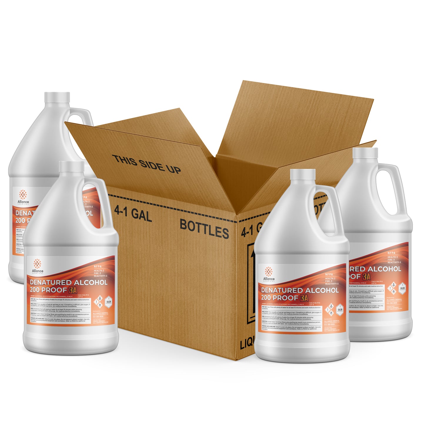 4x1-gallon case of Alliance 200-proof denatured alcohol 3A in HDPE containers with hazard warning labels, packed in cardboard box THIS SIDE UP.