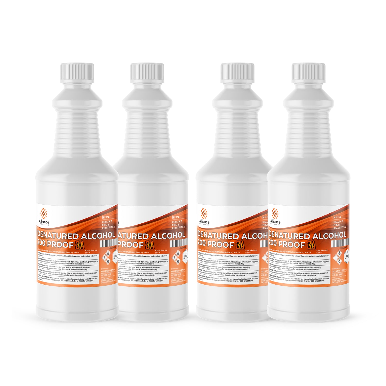 4-quart set of 200-proof denatured alcohol 3A in white HDPE bottles with flammable liquid warning labels and ribbed safety caps.