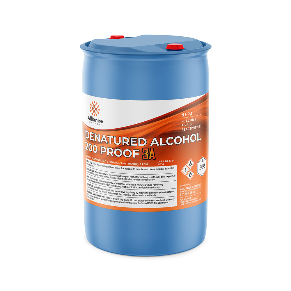 55-gallon blue drum of Alliance Chemical Denatured Alcohol 200 Proof 3A with NFPA diamond, hazard symbols, and red safety caps.