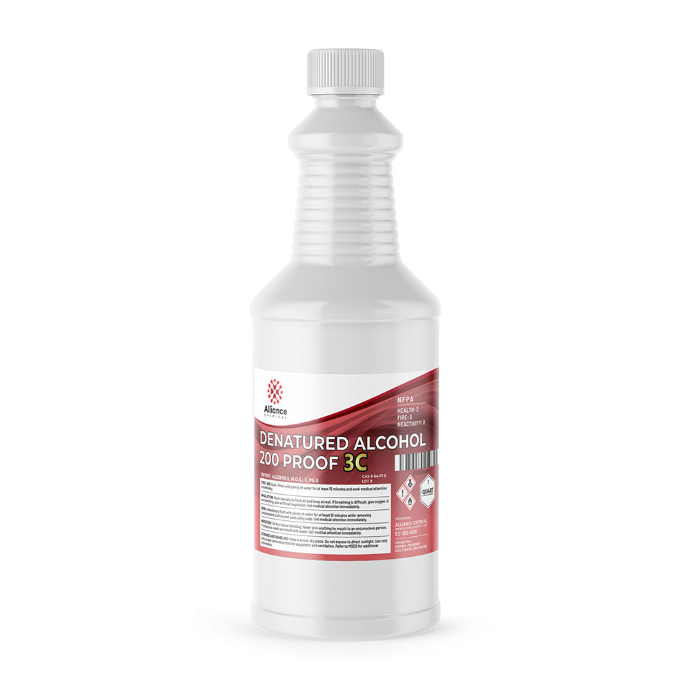 1-quart plastic bottle of 200-proof denatured alcohol 3C with NFPA hazard label, white ribbed container, red warning label, Alliance Chemical brand.