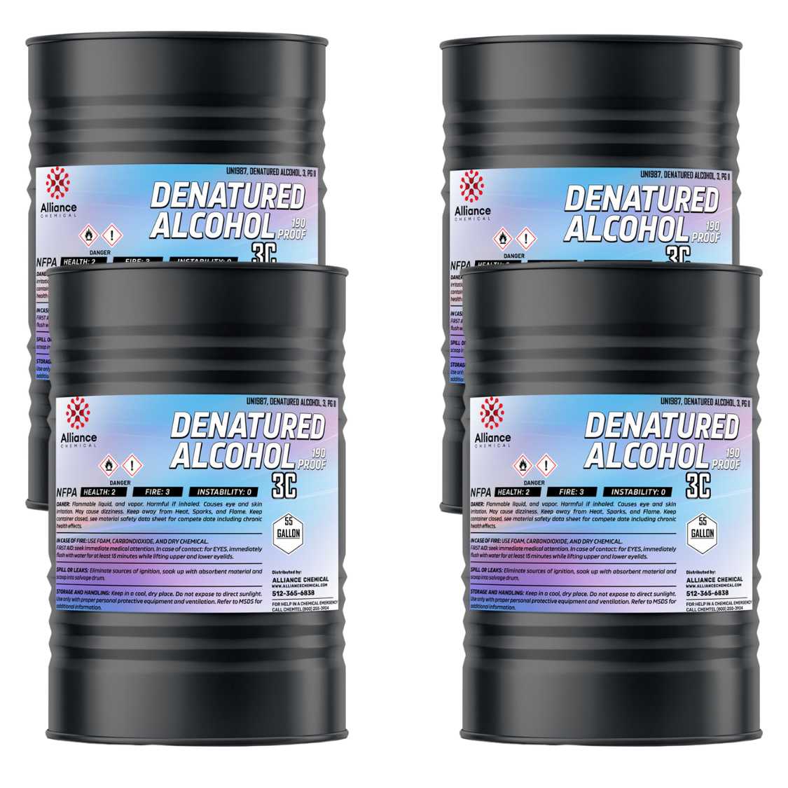 55-gallon steel drums of 190-proof denatured alcohol 3C with NFPA diamonds (Health:2, Fire:3), UN1987 labeling, and Alliance Chemical industrial safety markers.