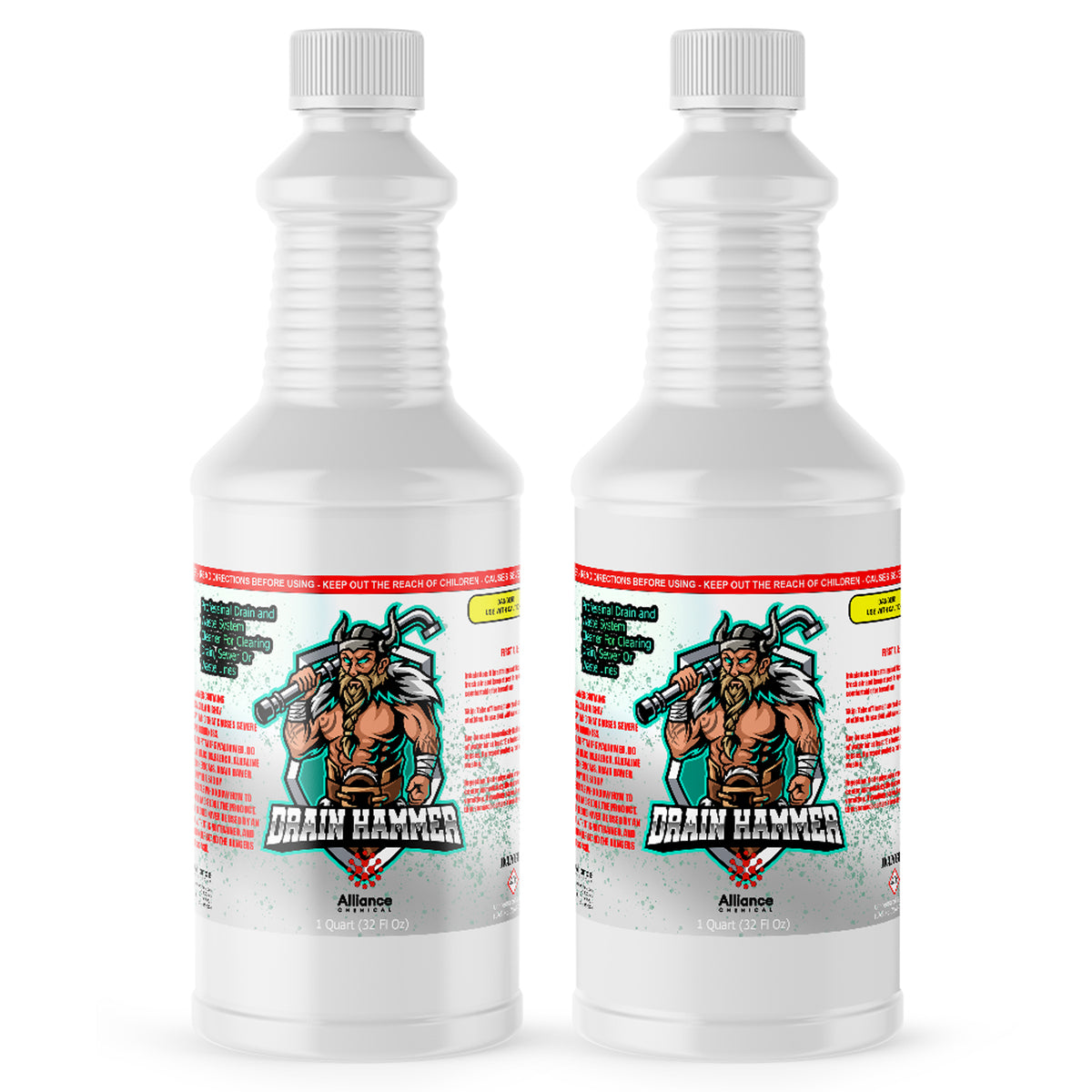 Two 1-quart plastic bottles of Alliance Chemical Drain Hammer - Sulfuric Acid Drain Cleaner with white caps.