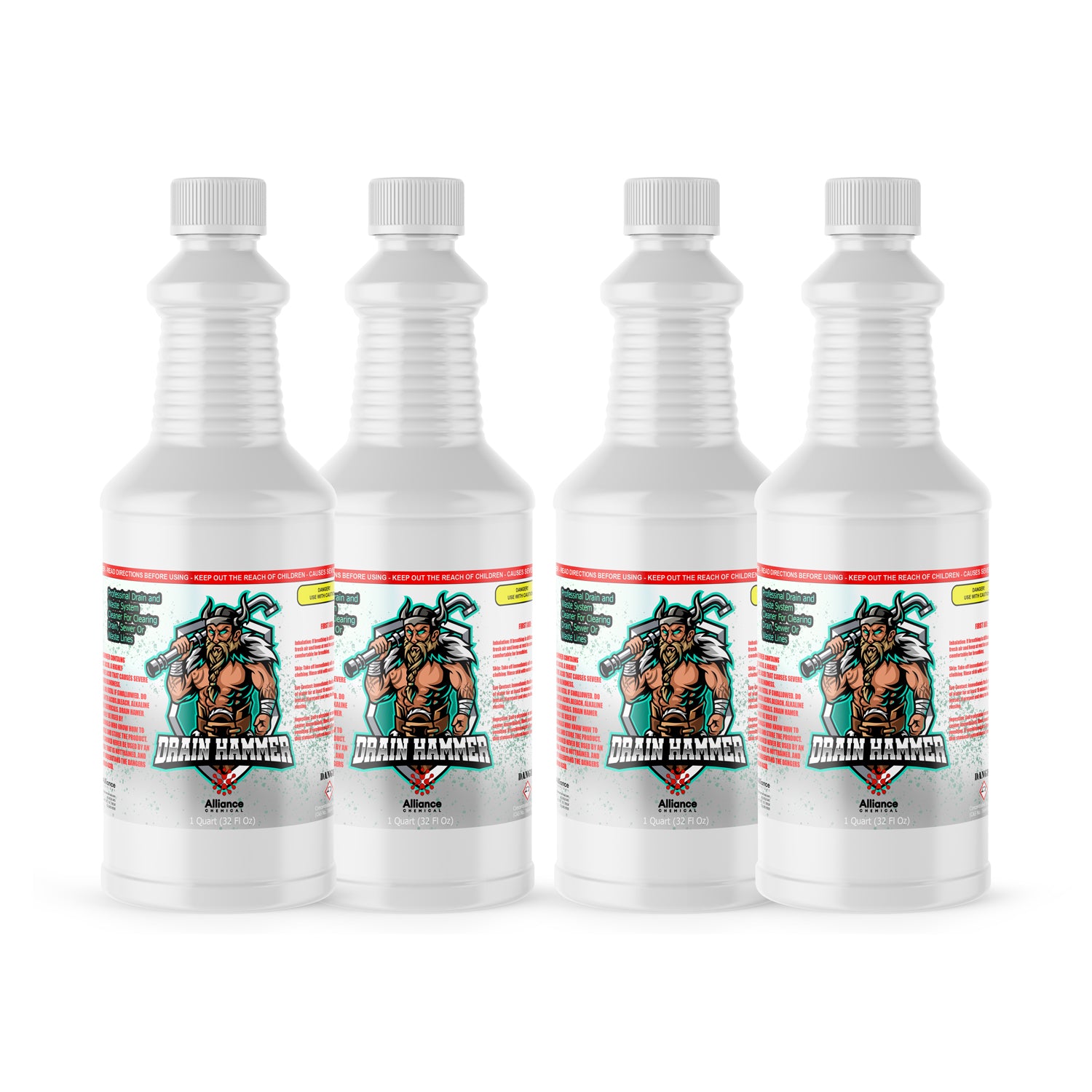 4-quart set of Drain Hammer professional-grade sulfuric acid drain cleaner in white HDPE bottles with safety caps and prominent warning labels.