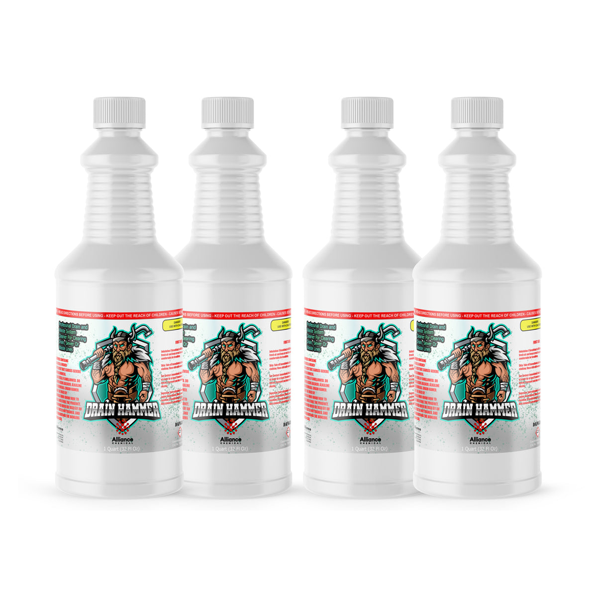 Four 1-quart plastic bottles of Alliance Chemical Drain Hammer - Sulfuric Acid Drain Cleaner with white caps and labels.