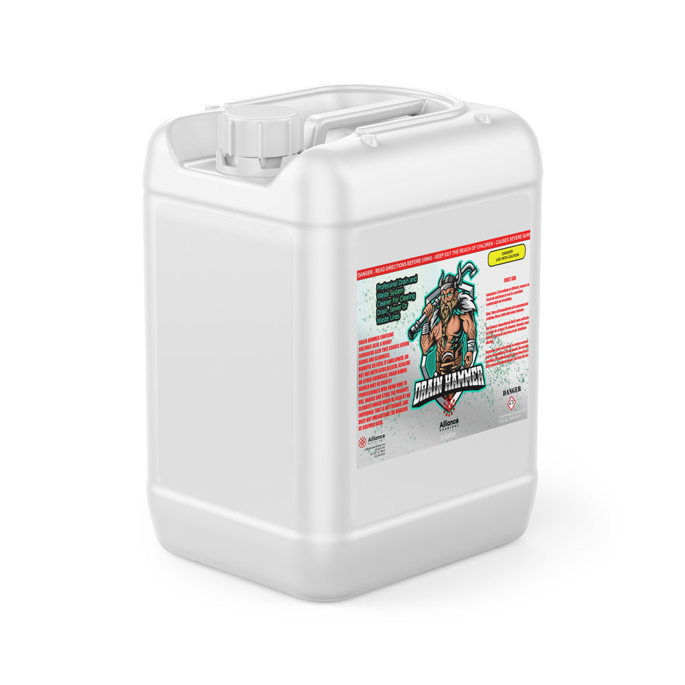 5-gallon white HDPE container of Drain Hammer sulfuric acid drain cleaner with industrial hazard symbols and viking mascot label.