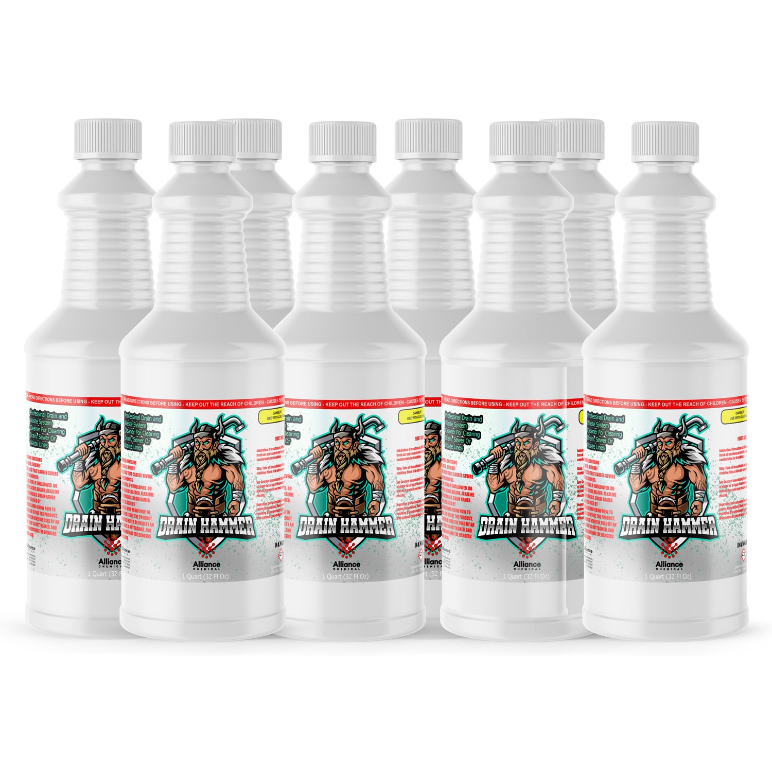 8-quart Drain Hammer sulfuric acid drain cleaner in white HDPE bottles with safety caps, warning labels, and Viking warrior branding, by Alliance Chemical.