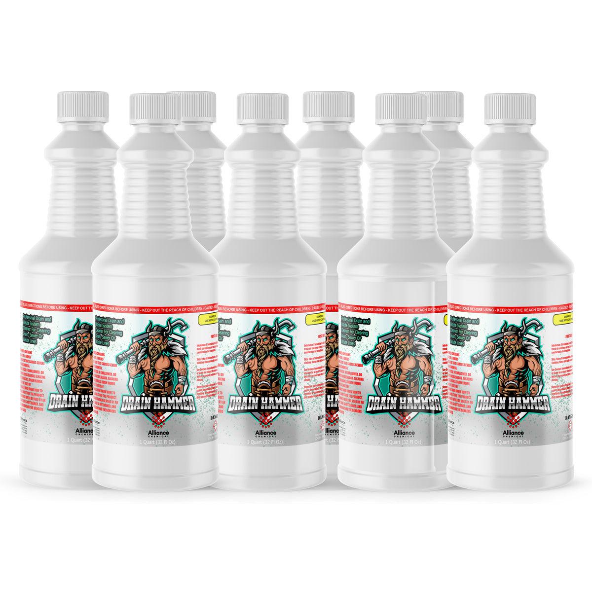 Alliance Chemical 8-quart Drain Hammer sulfuric acid drain cleaner in HDPE bottles with safety caps, warning labels