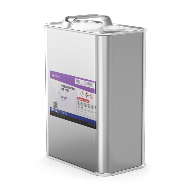 Perchloroethylene Technical Grade in a 1-quart metal can from Alliance Chemical for vapor degreasing and dry cleaning