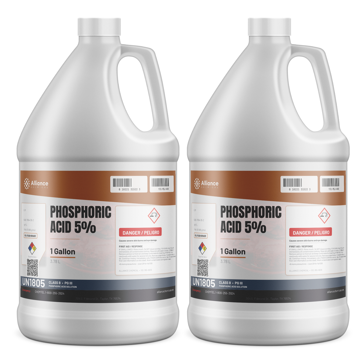 Phosphoric Acid 5% Food Grade in two 1-gallon plastic jugs from Alliance Chemical