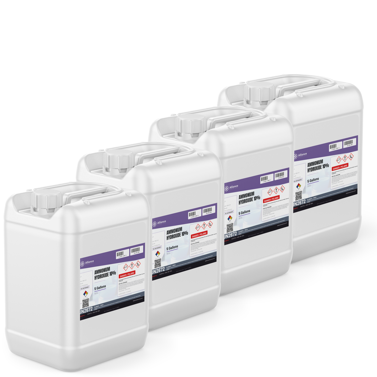 Ammonium Hydroxide 10% ACS Grade in four 5-gallon pails for laboratory use, Alliance Chemical