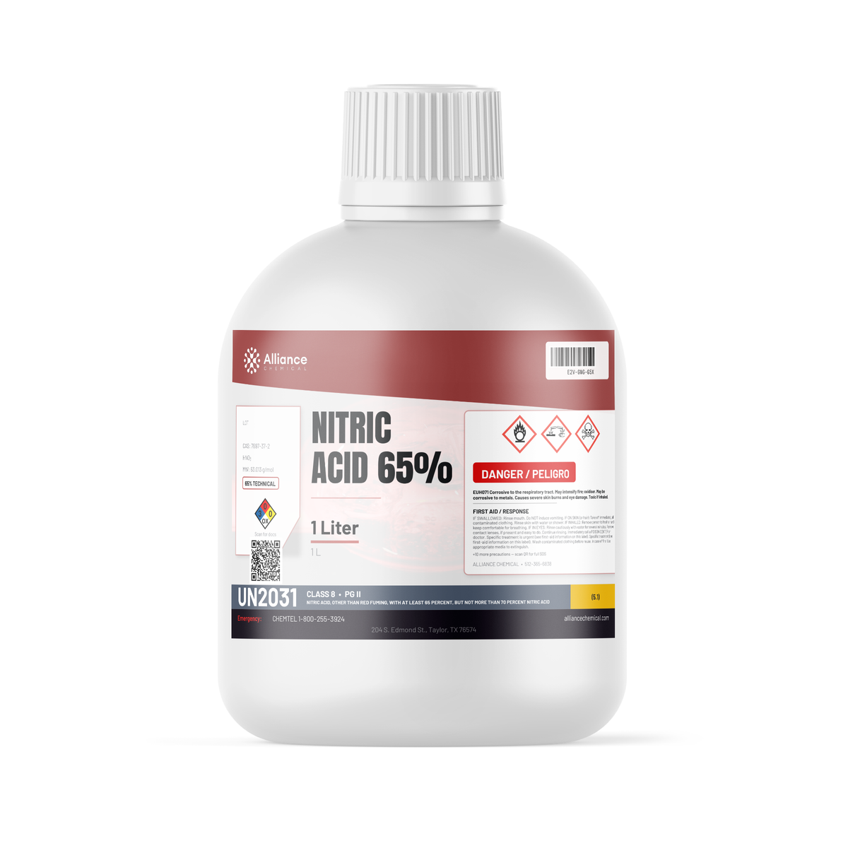 Nitric Acid 65% Technical Grade in a 1-liter white plastic bottle, Alliance Chemical