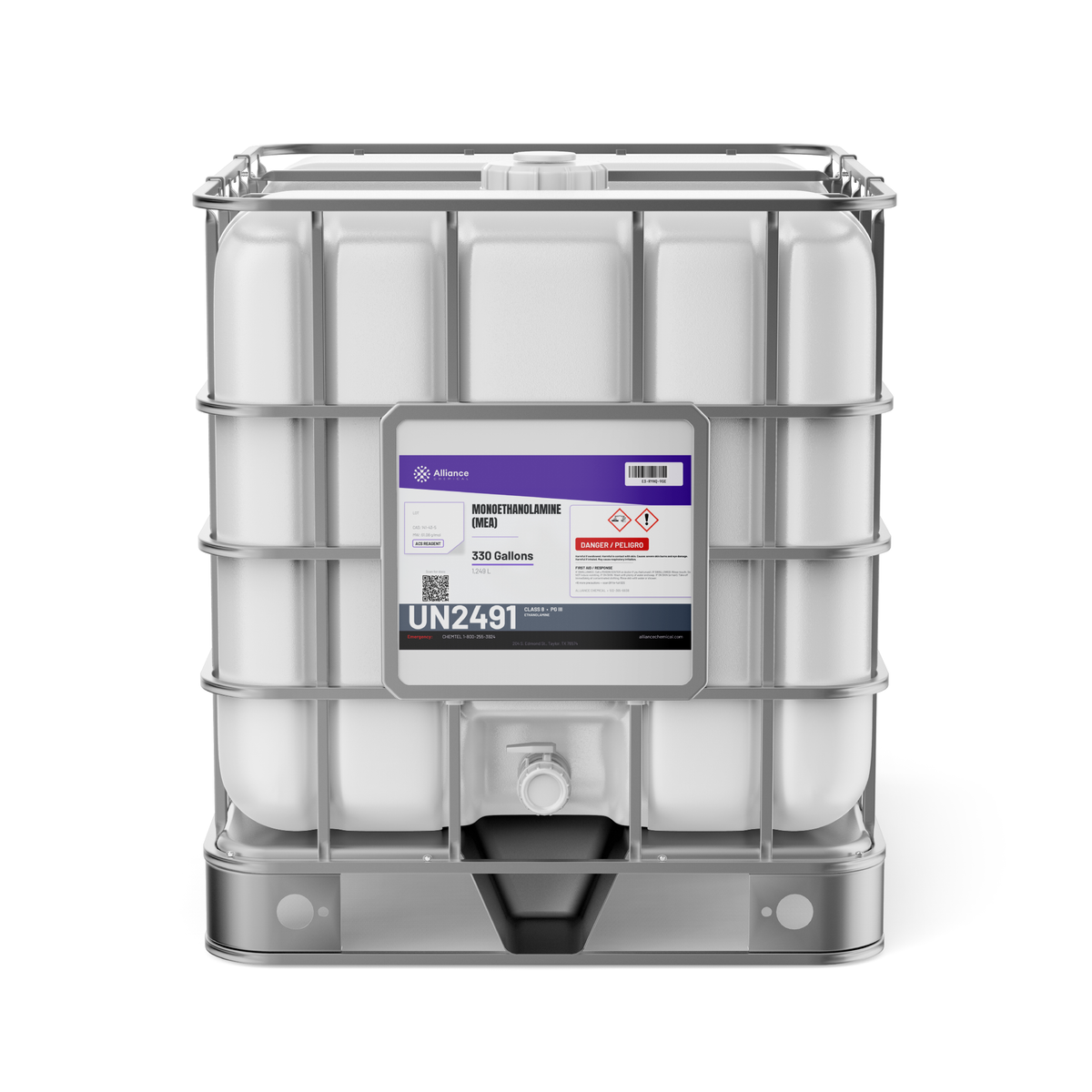 Monoethanolamine ACS Reagent Grade in a 330-gallon IBC tote for gas sweetening, Alliance Chemical