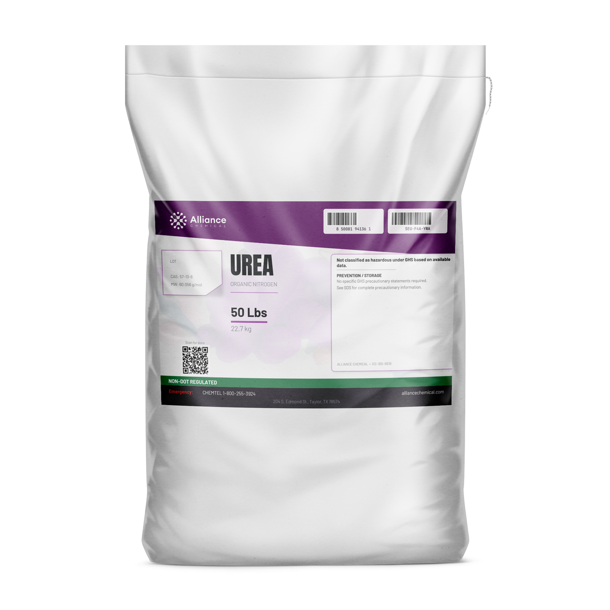Urea Technical Grade organic nitrogen in a 50 lb plastic bag for fertilizer blenders, Alliance Chemical