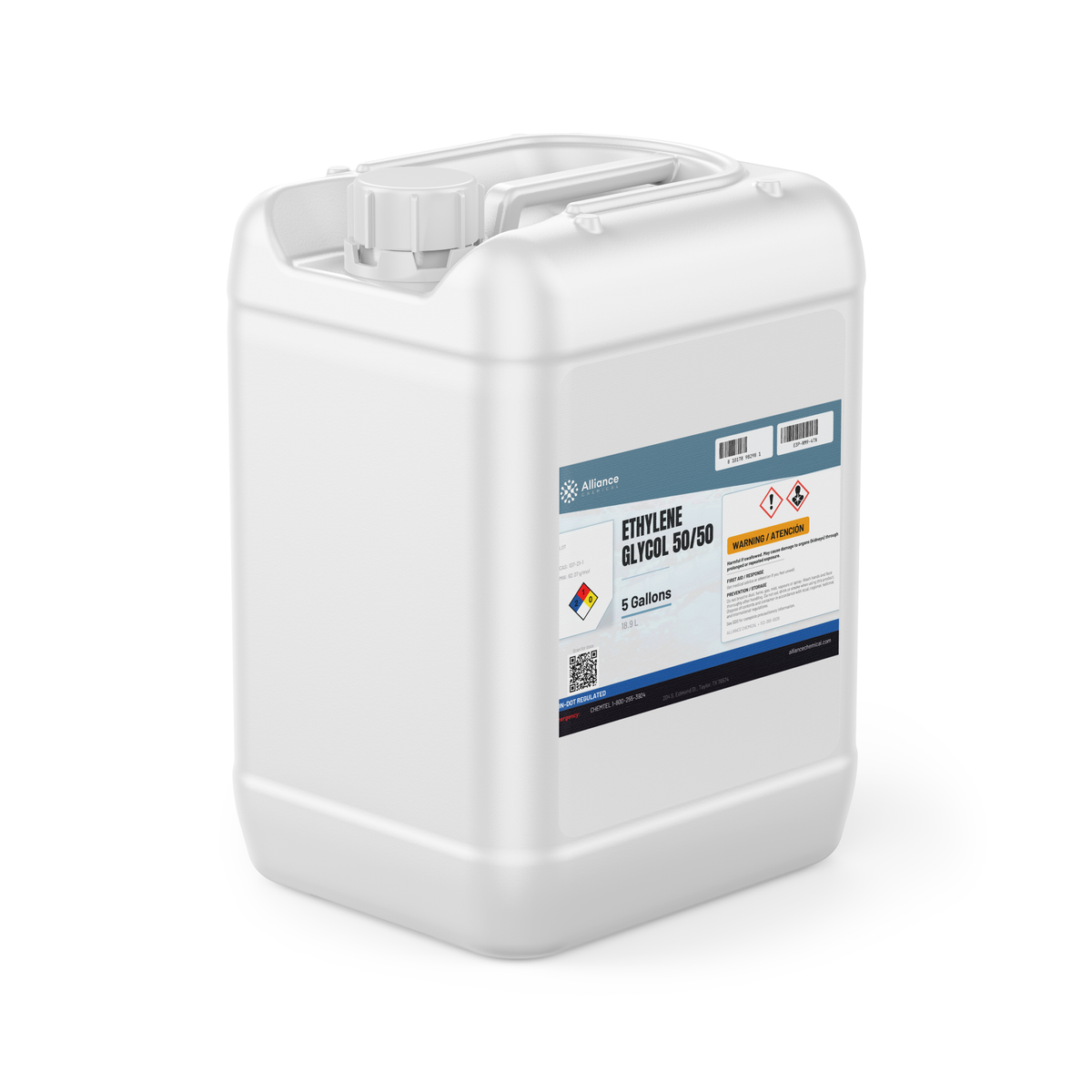 Ethylene Glycol 50/50 technical grade solution in a 5-gallon plastic jerry can from Alliance Chemical