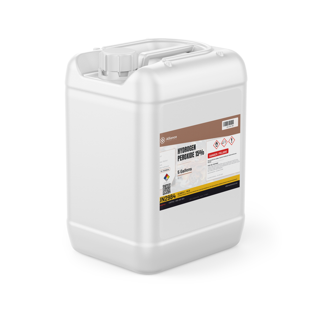 Hydrogen Peroxide 15% Technical Grade in a 5-gallon jerry can by Alliance Chemical for textile and pulp bleaching