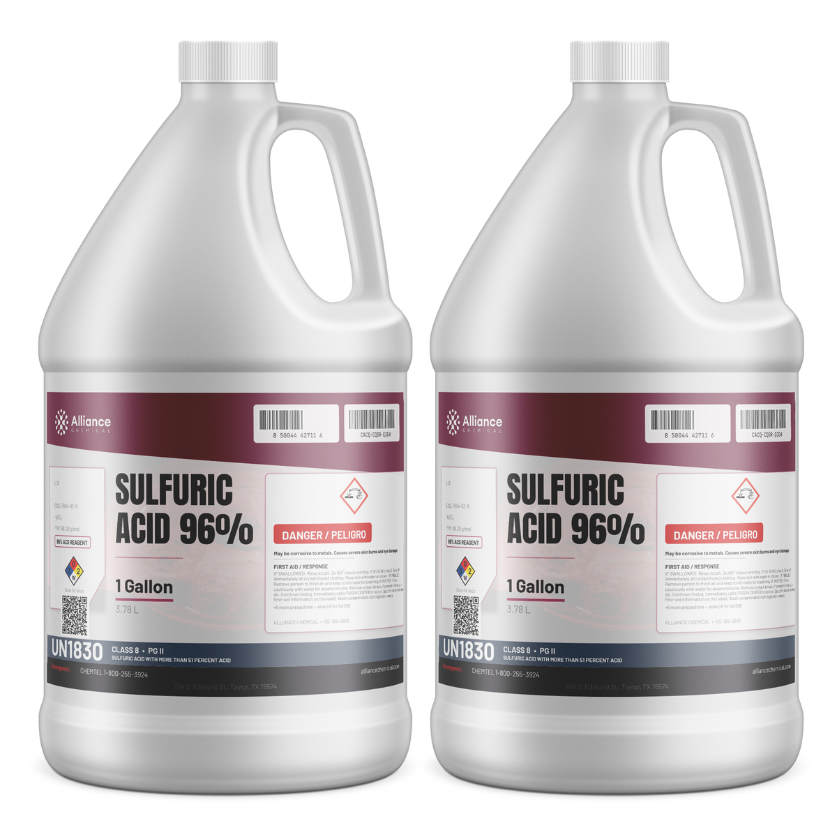 Sulfuric Acid 96% ACS Reagent Grade in two 1-gallon plastic jugs, Alliance Chemical for metal pickling and scale removal