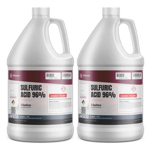Sulfuric Acid 96% ACS Reagent Grade in two 1-gallon plastic jugs, Alliance Chemical for metal pickling and scale removal