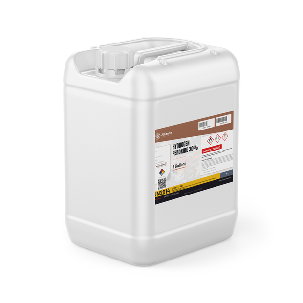 Hydrogen Peroxide 30% ACS Grade in a white plastic 5-gallon jerry can, Alliance Chemical