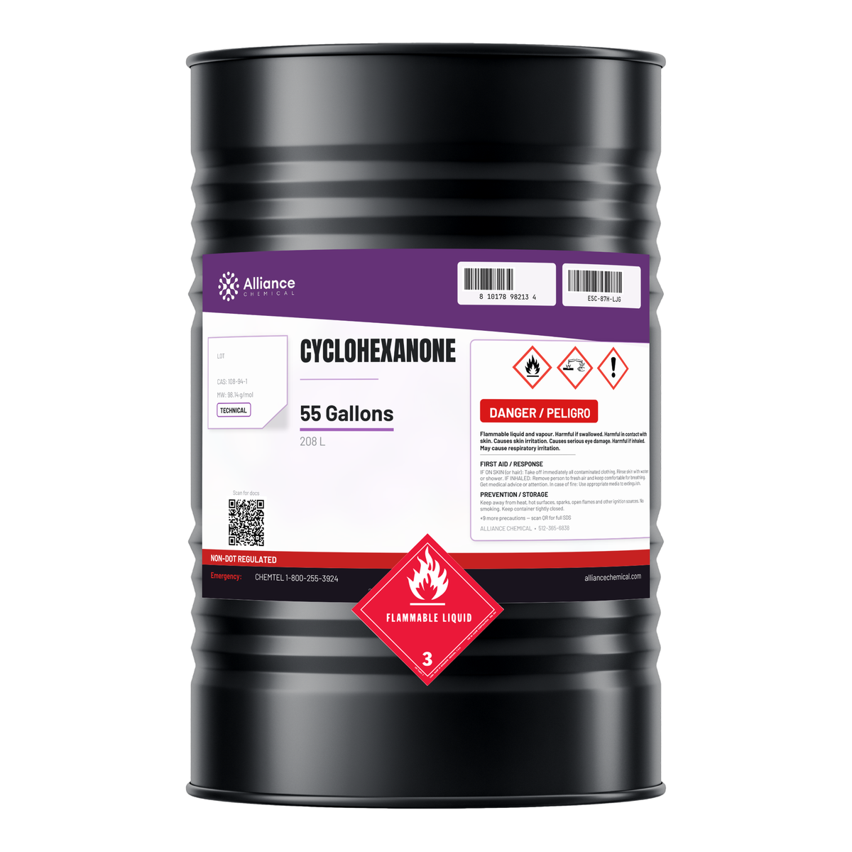 Cyclohexanone Technical Grade 55-gallon drum for nylon synthesis and resin solvents, Alliance Chemical