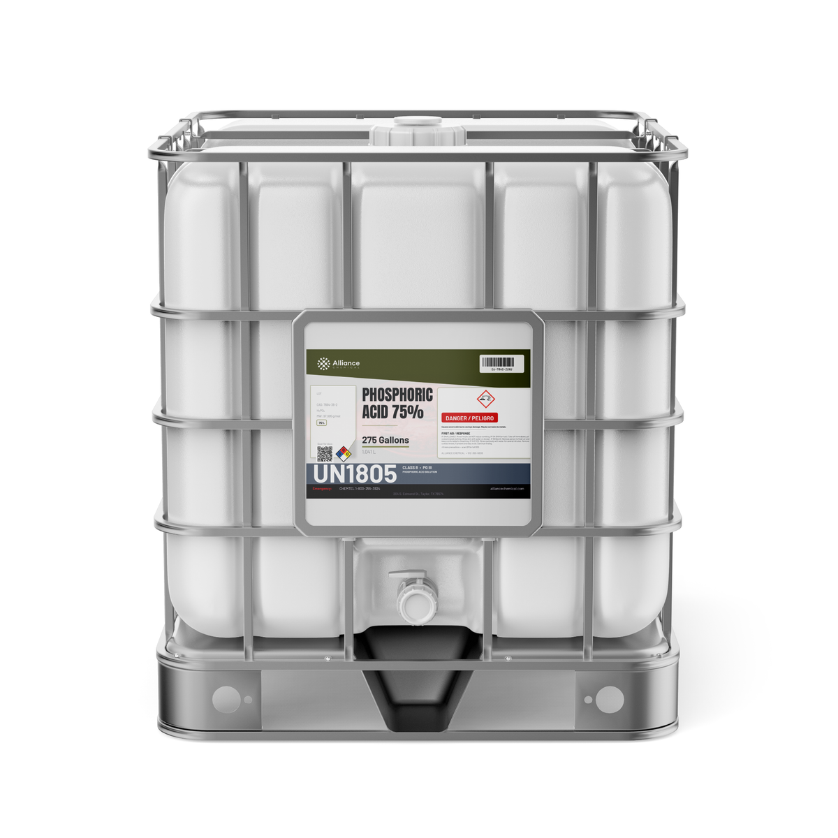 Phosphoric Acid 75% Technical Grade 275-gallon IBC tote, Alliance Chemical for steel surface treatment and rust conversion